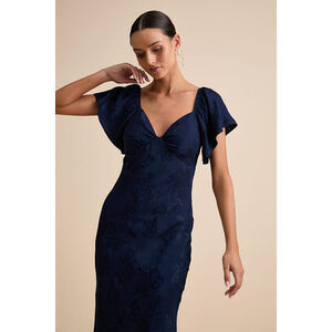 Lulus Navy Satin Flutter Sleeve Midi Dress Blue
